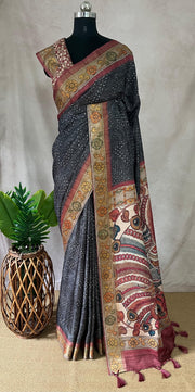 Semi tussar silk bandini and kalamkari print saree, with BP