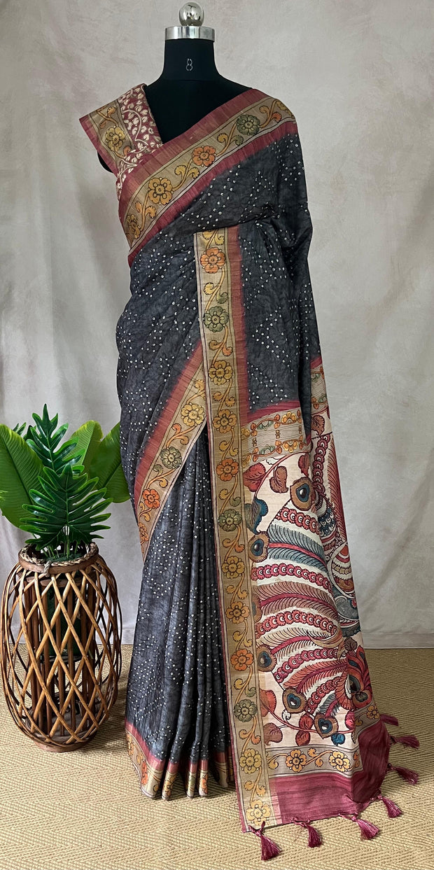 Semi tussar silk bandini and kalamkari print saree, with BP