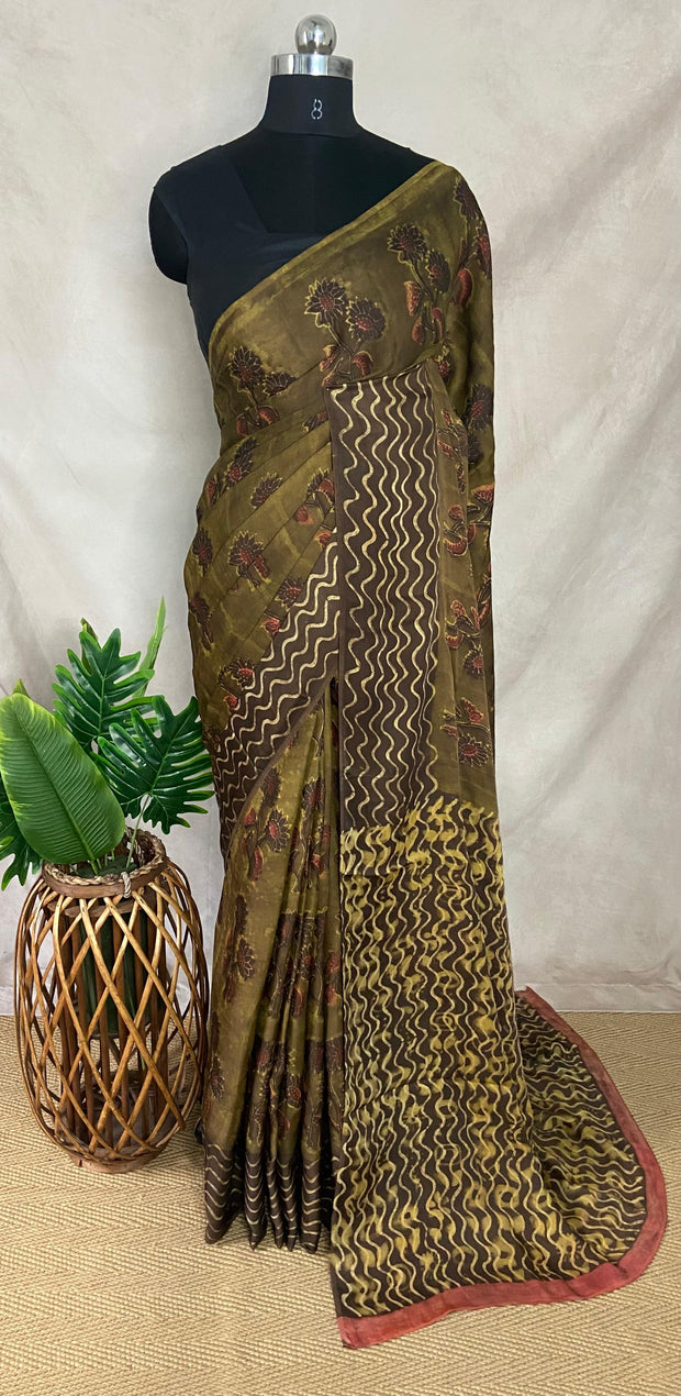 Nashpal Tussar by modal silk saree with hand block print with natural dye, with BP