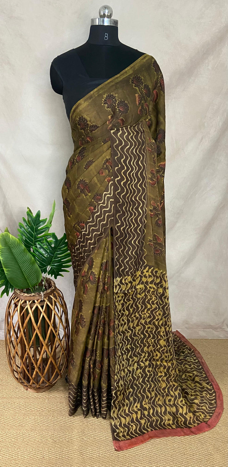 Nashpal Tussar by modal silk saree with hand block print with natural dye, with BP