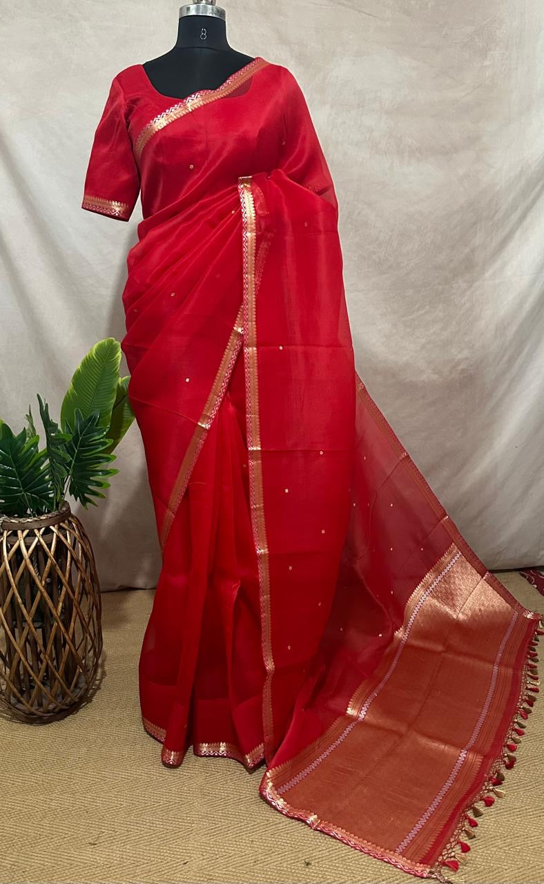 Kora silk saree with small border and stitched blouse and under skirt