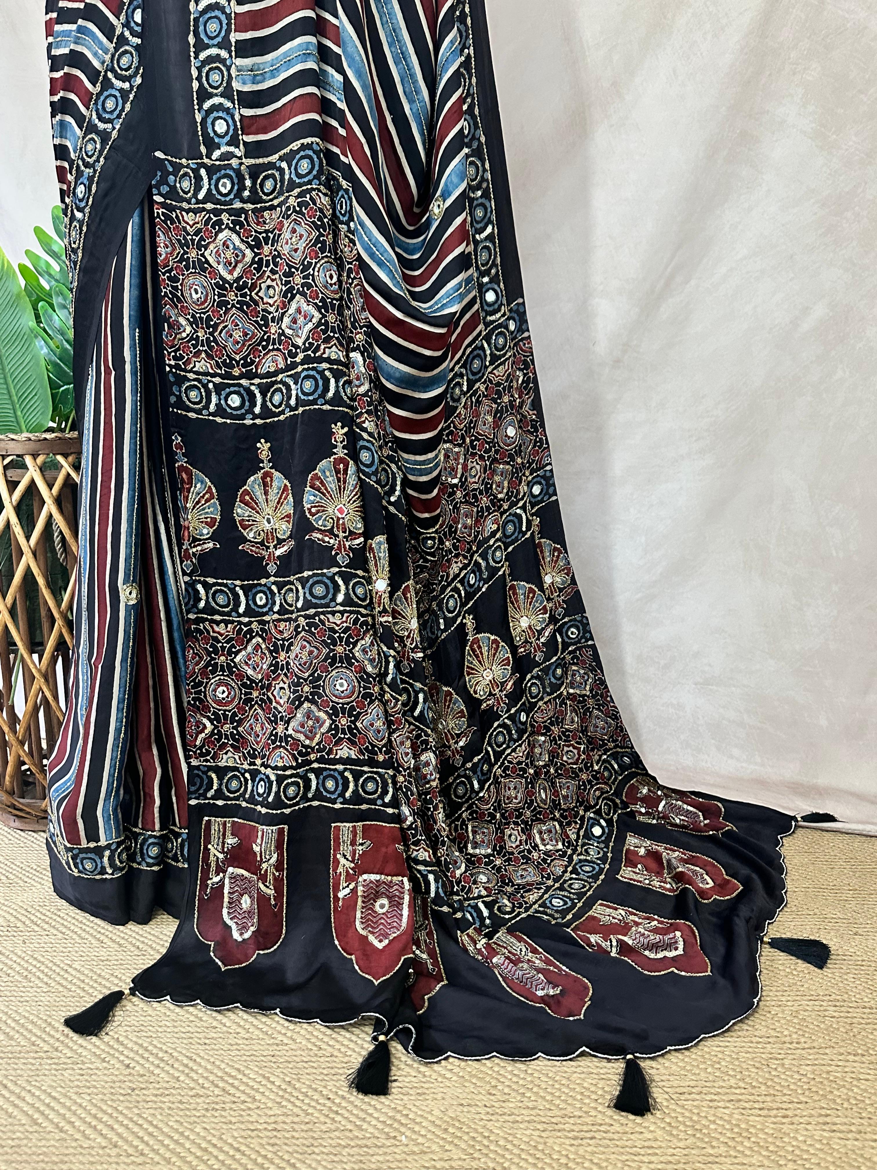 Designer Ajrakh modal silk saree with bead and mirroer handwork, stitched blouse