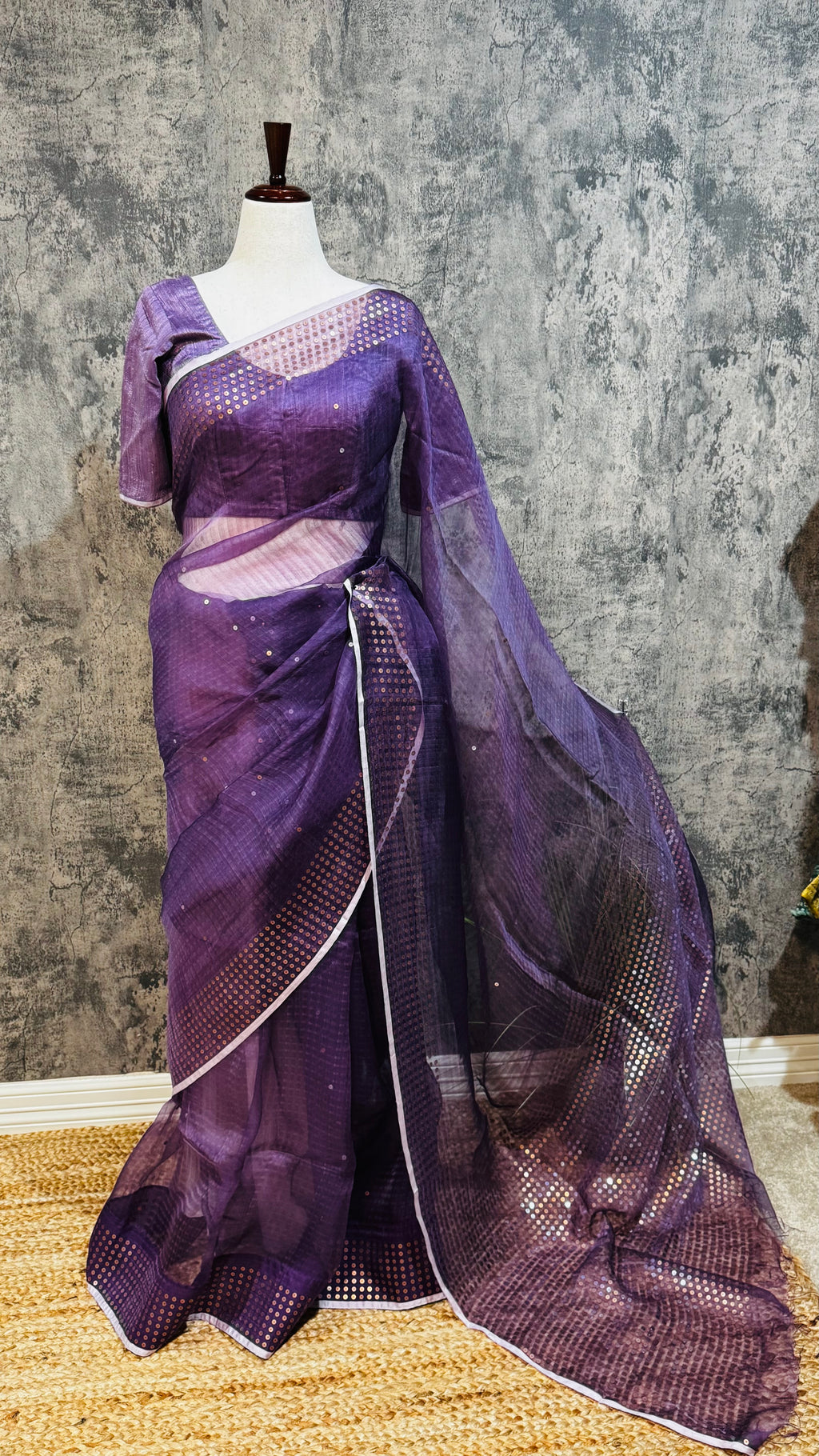 Muslin pure silk saree with sequins weave and stitched blouseSilk mark certified