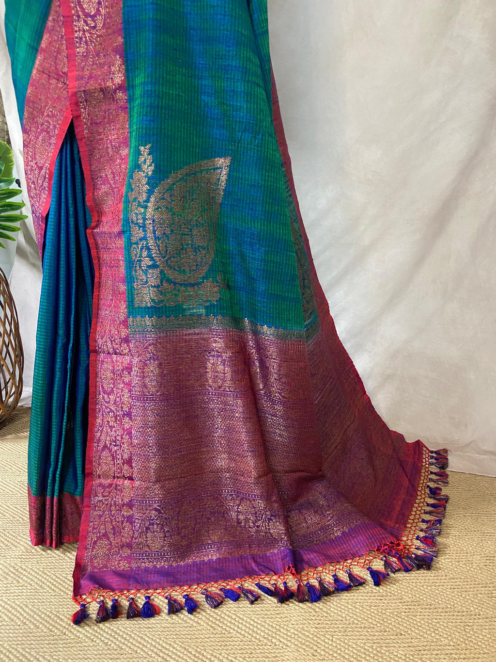 Green and blue double shared pure dupion silk saree with stitched blouse