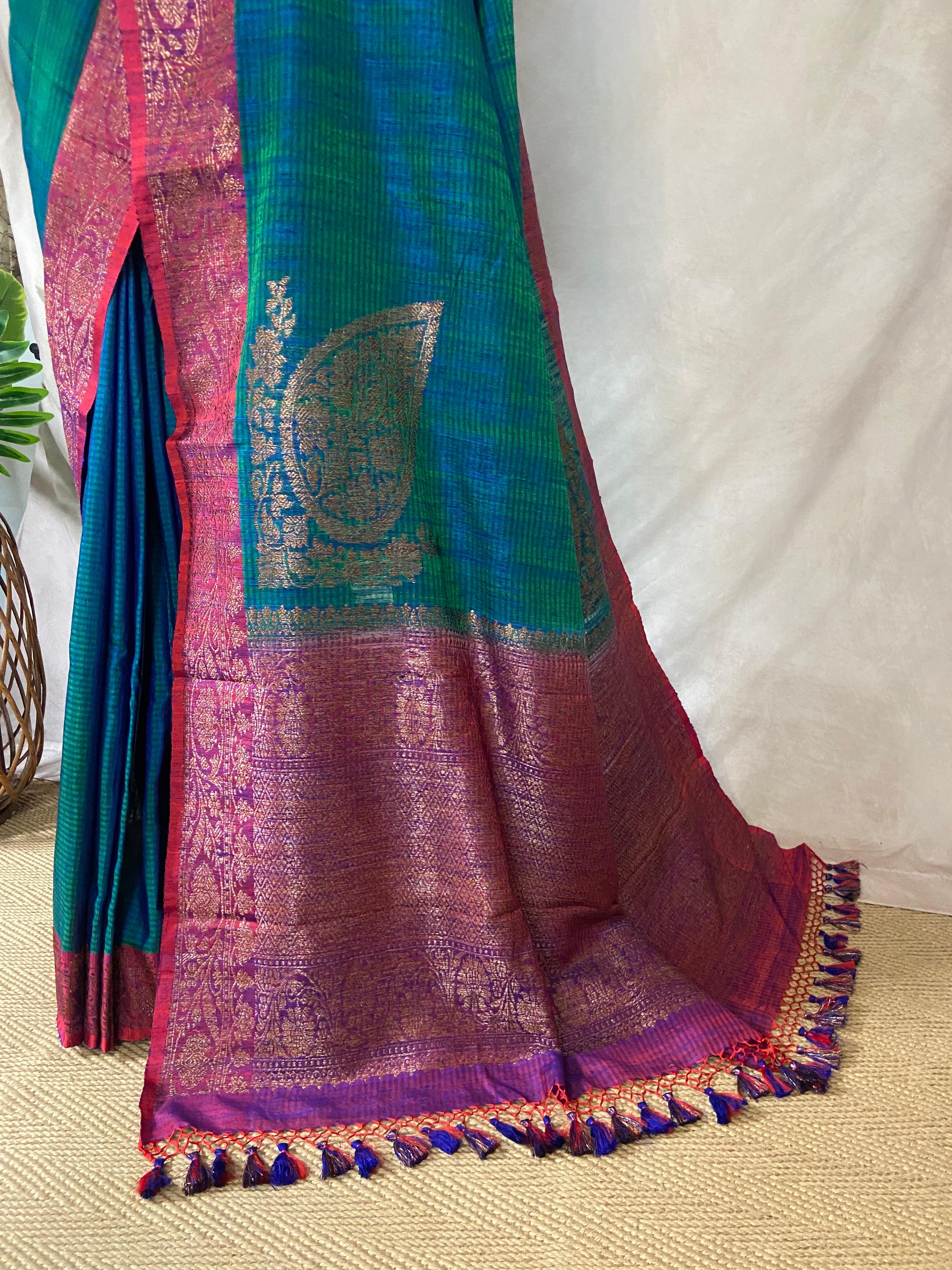 Green and blue double shared pure dupion silk saree with stitched blouse