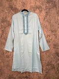 Sky blue soft cotton kurta with hand emroidery on the neck