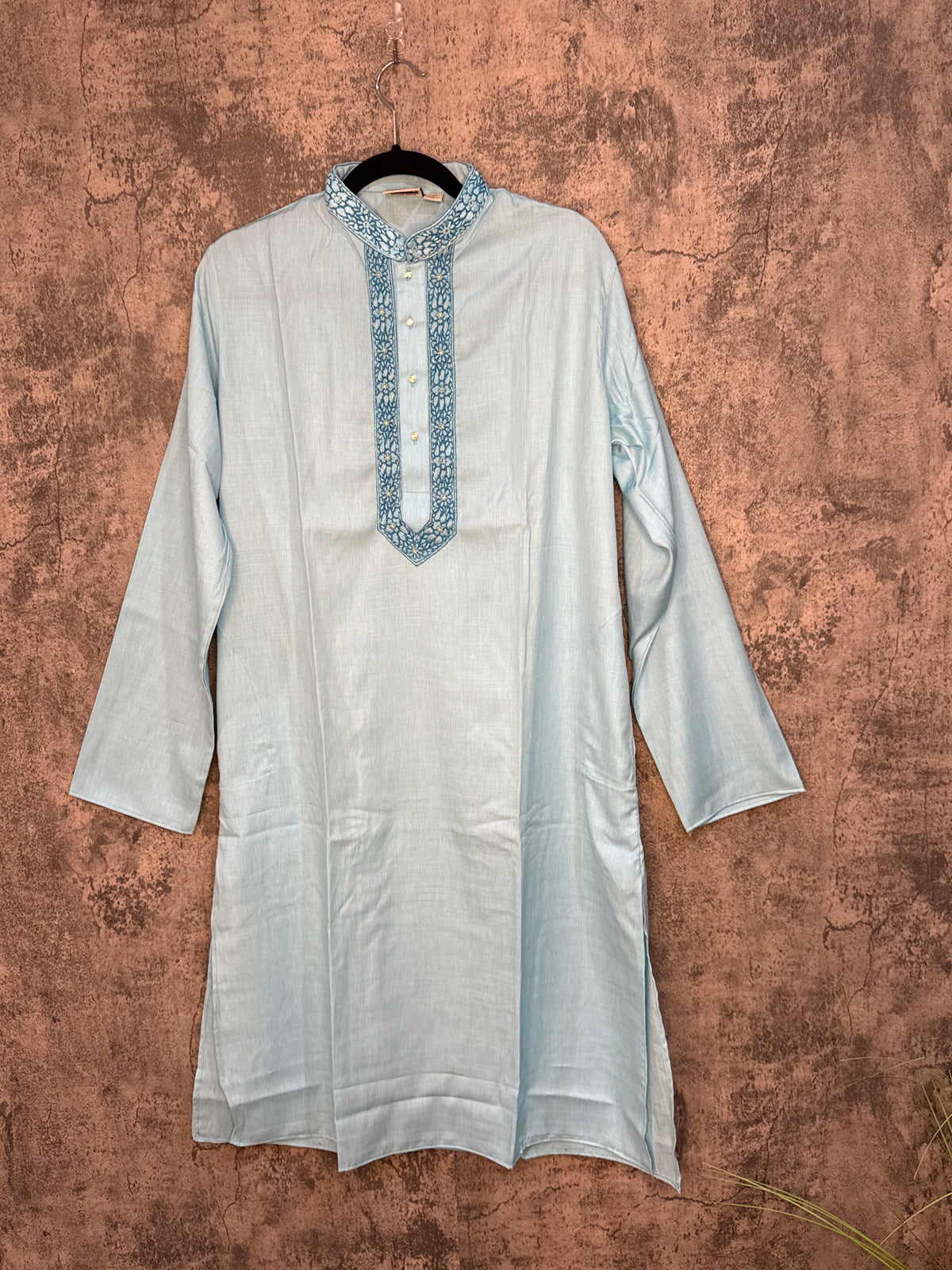Sky blue soft cotton kurta with hand emroidery on the neck