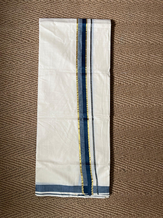 Blue with gold border mundu