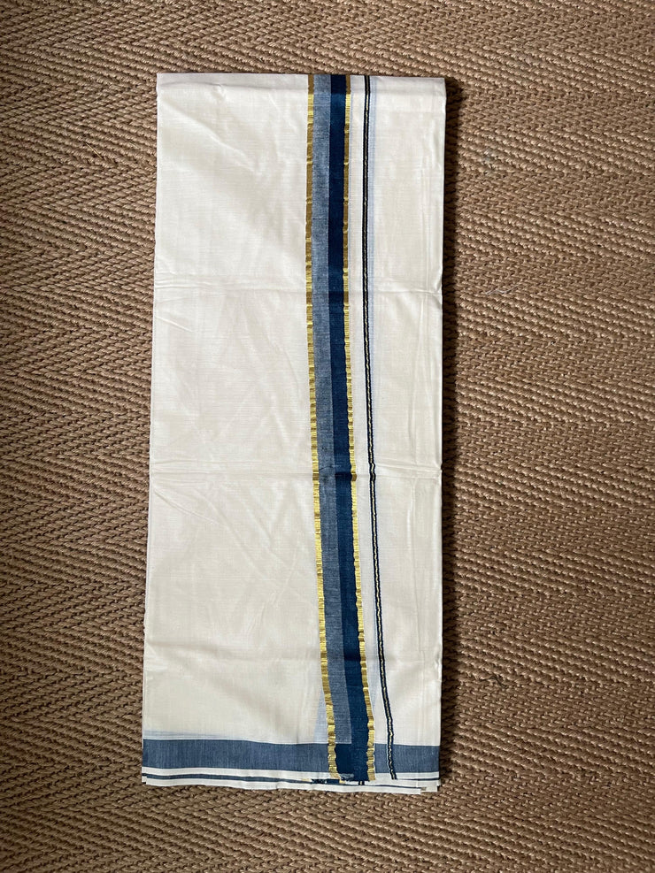 Blue with gold border mundu