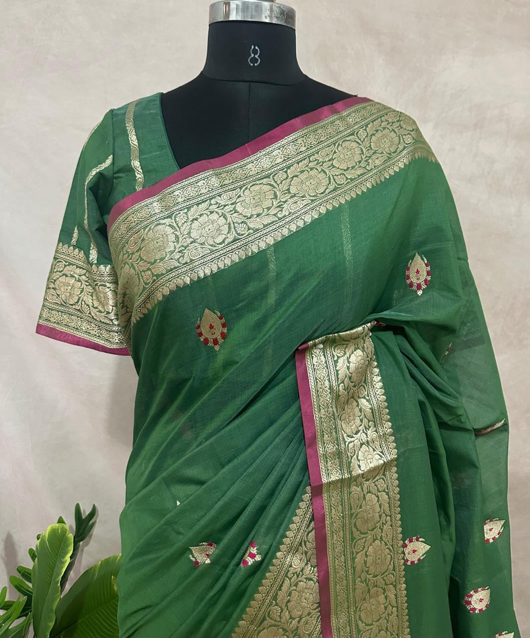 Banarsi cotton silk handloom saree with stitched blouse