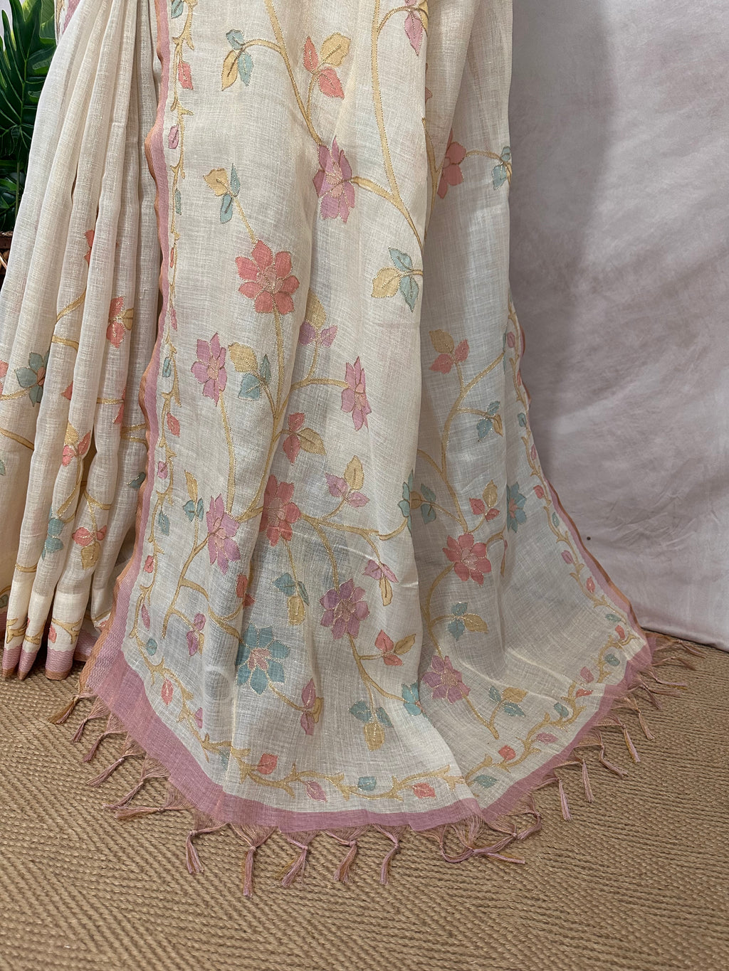 Printed Tissue linen saree with thread work, and stitched blouse