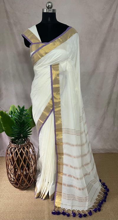 Mulcotton saree with purple and gold border (no Pico and fall)
