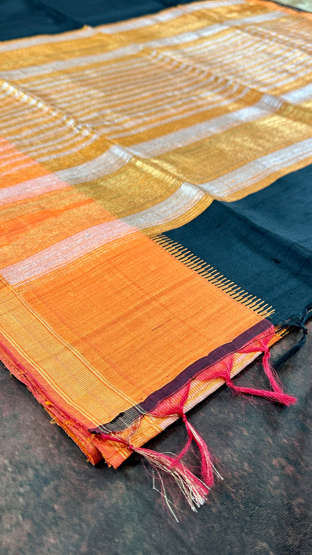 Black and orange combo pure raw silk saree with stitched blouse