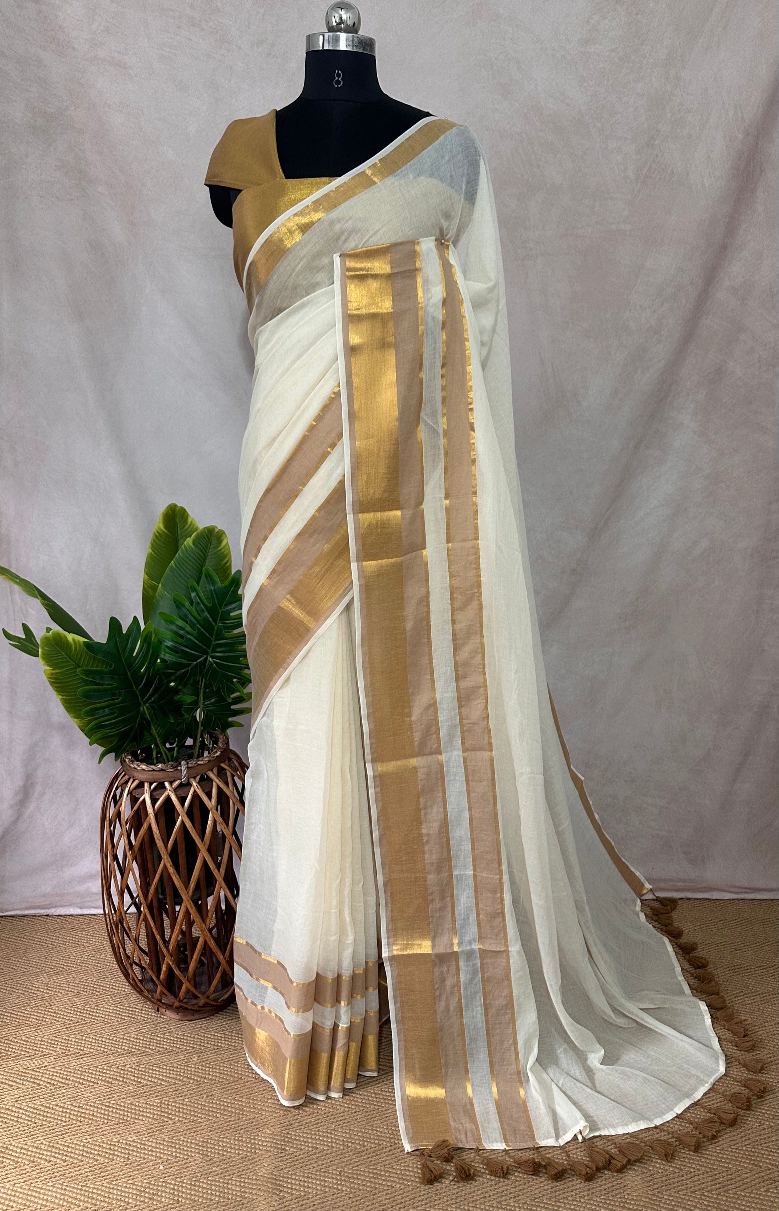 Gold 120 count mulcotton saree with zari lines