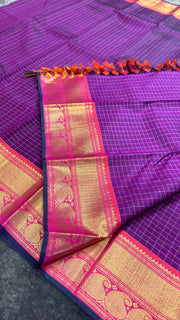 Purple and PInk combination kanchipuram silk hand woven saree with stitched blouse
