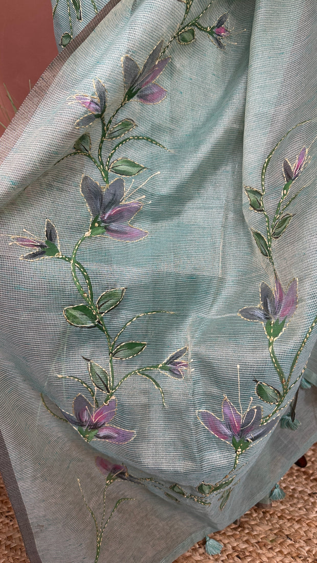 Kotta tissue silk saree with hand paint and work , with stitched blouse