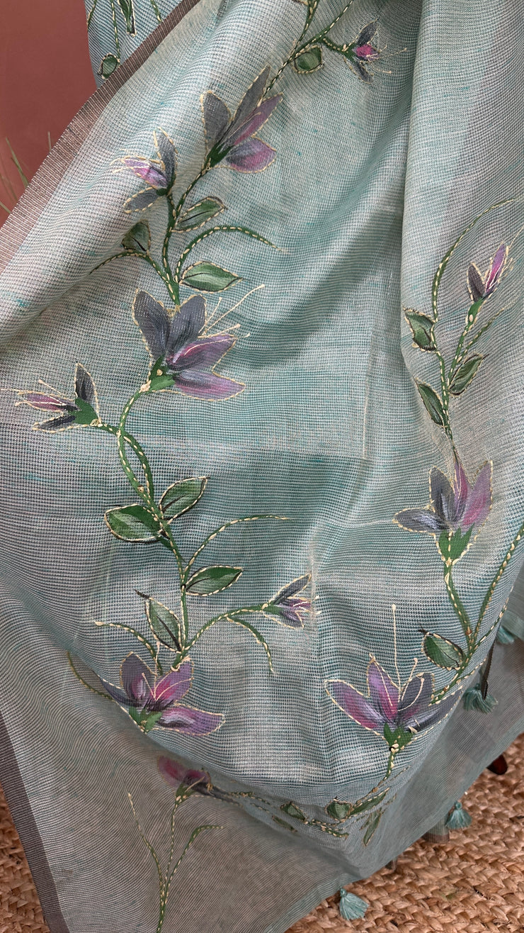 Kotta tissue silk saree with hand paint and work , with stitched blouse