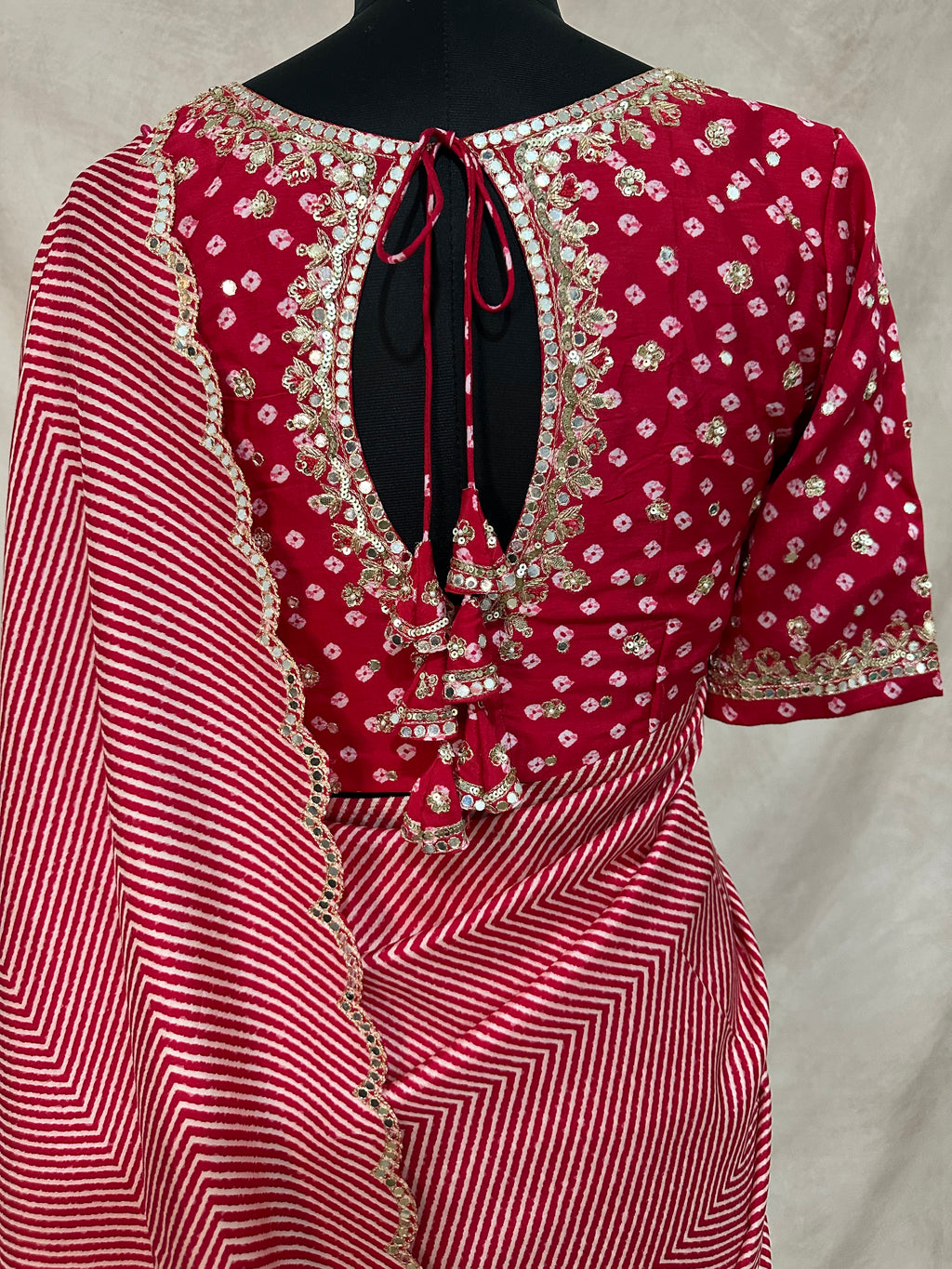 Lahariya printed tussar silk saree with handwork , stitched blouse