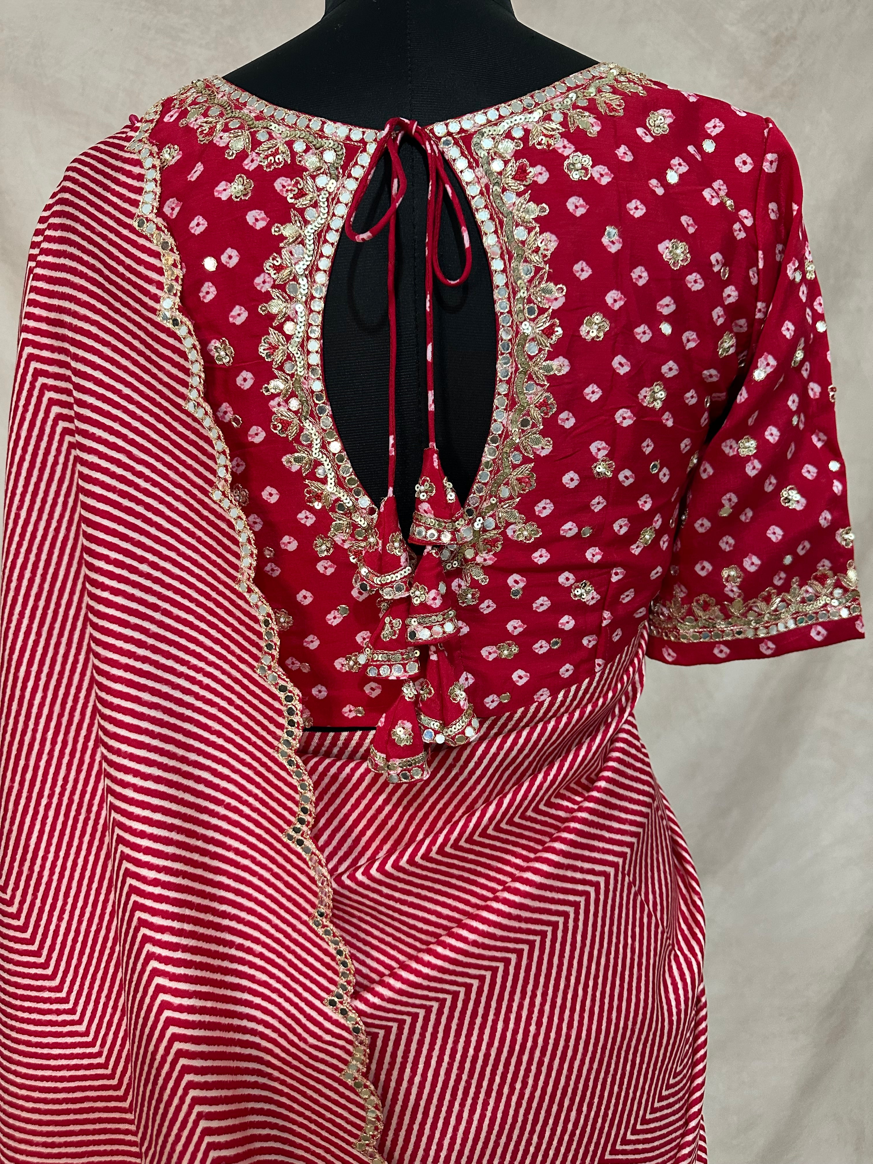 Lahariya printed tussar silk saree with handwork , stitched blouse