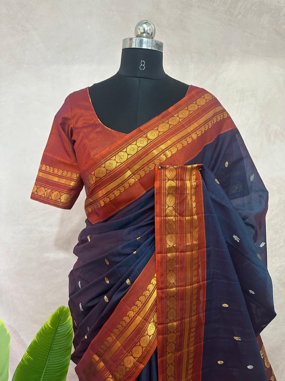 Handloom pure silk cotton peacock blue gadwal silk saree with stitched blouse