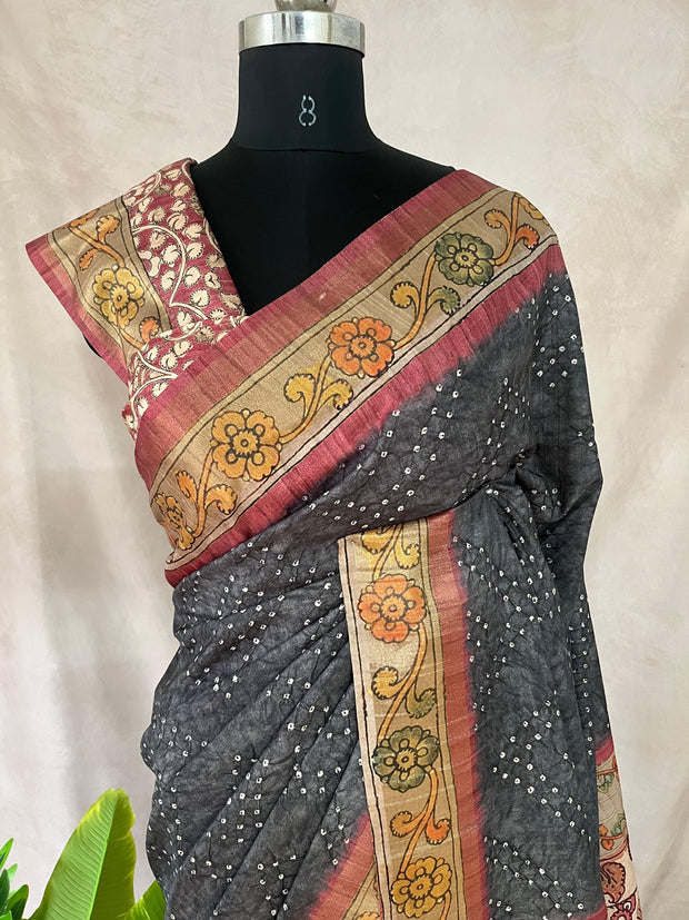 Semi tussar silk bandini and kalamkari print saree, with BP