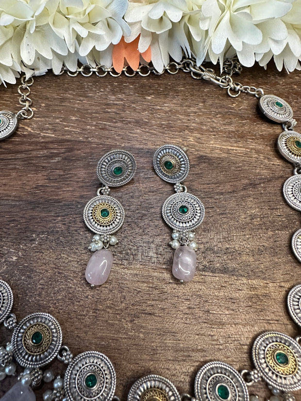 Dual tone necklace with green stone and earring