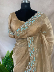 Beige organza saree with Stiched blouse
