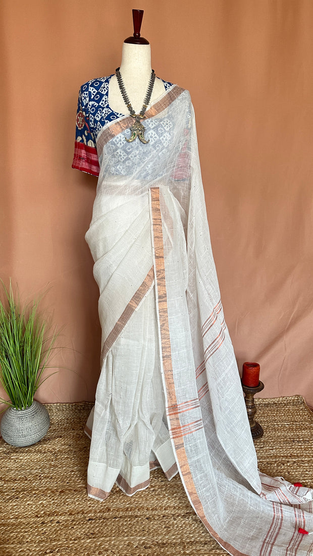 Handloom linen saree with sequins weave
