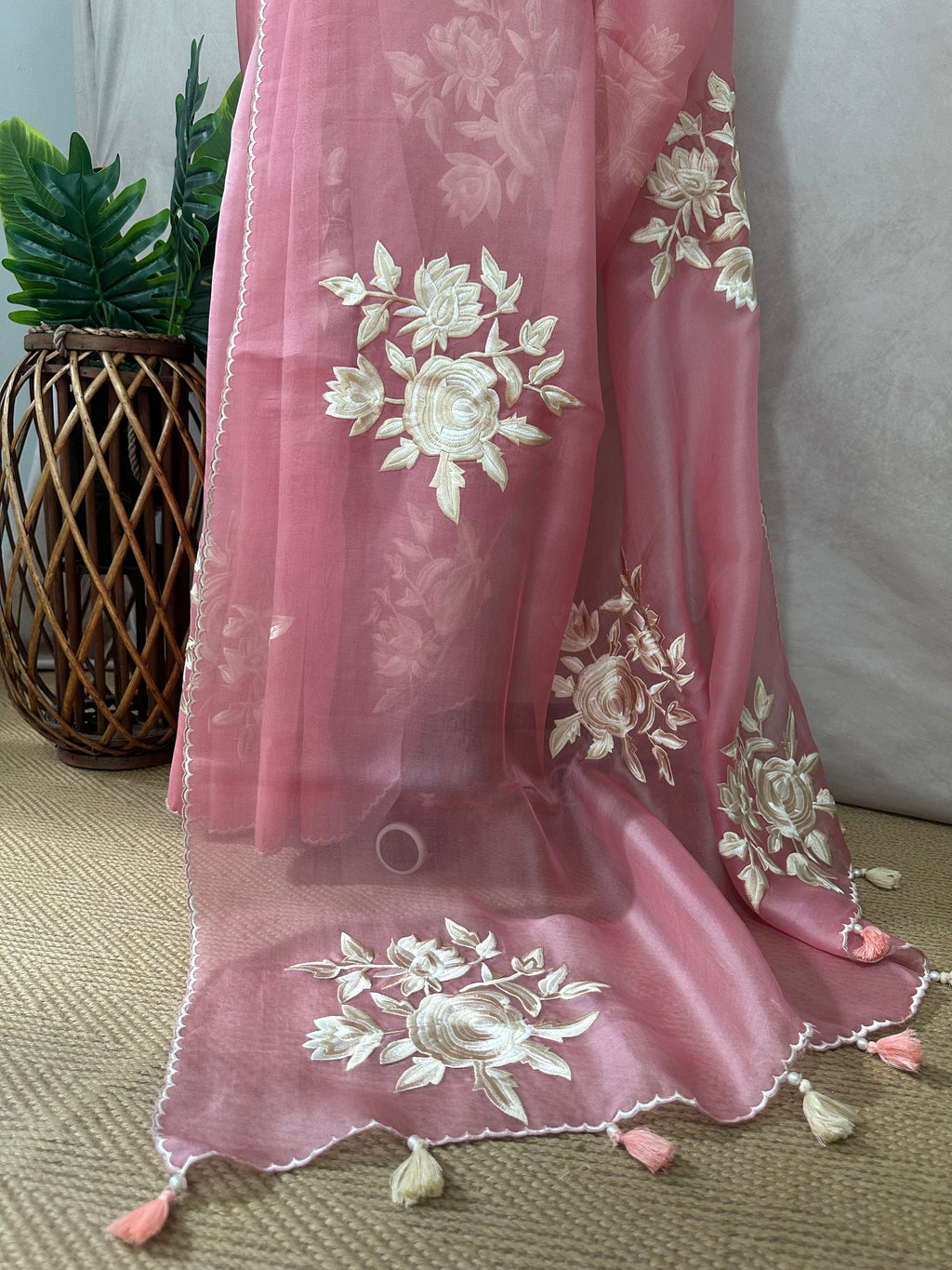 Dusty pink organza saree with thred embroidery and stitched blouse