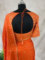 Orange pure munga silk saree with Tanchoi Weave , stitched blouse