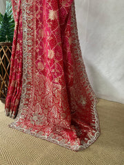 Red and pink combo designer saree with embroidery work and stitched blouse