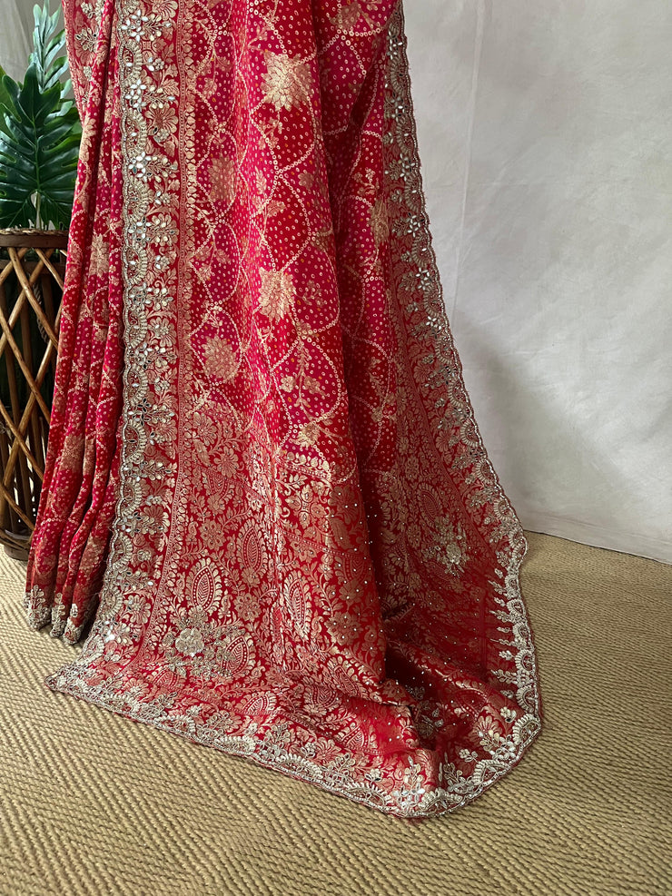 Red and pink combo designer saree with embroidery work and stitched blouse