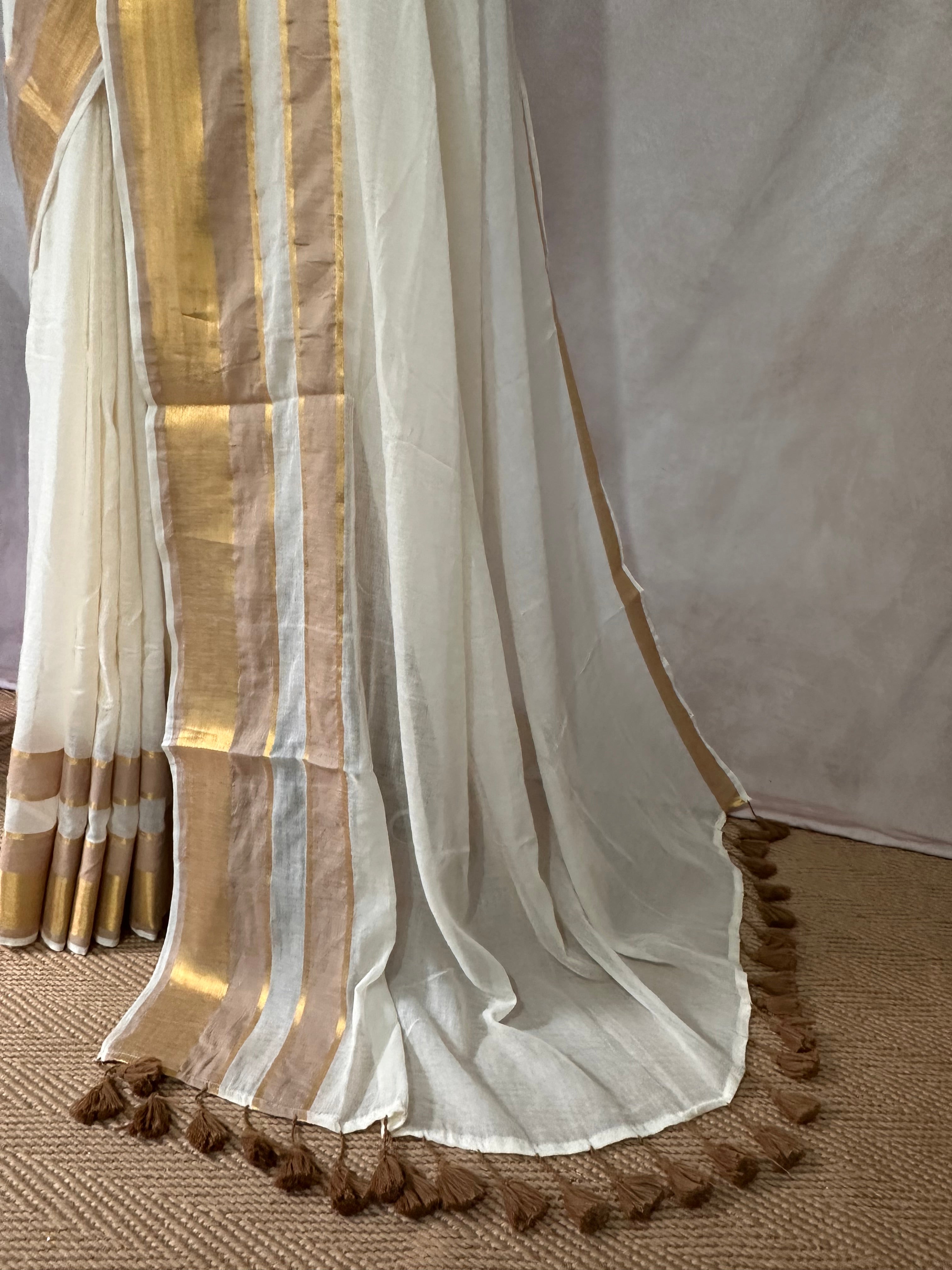 Gold 120 count mulcotton saree with zari lines
