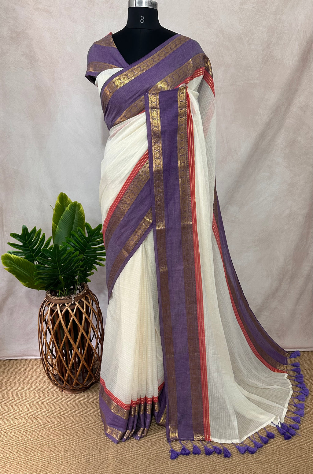 Purple kanchi border 120 count mulcotton saree