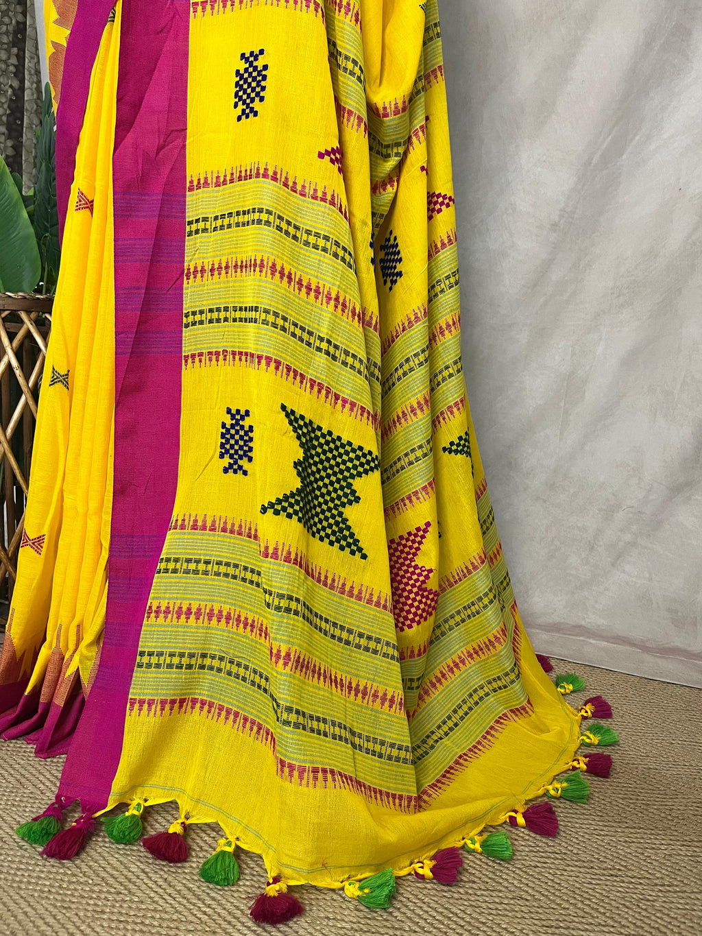 Yellow handloom cotton saree with temple border and stitched blouse