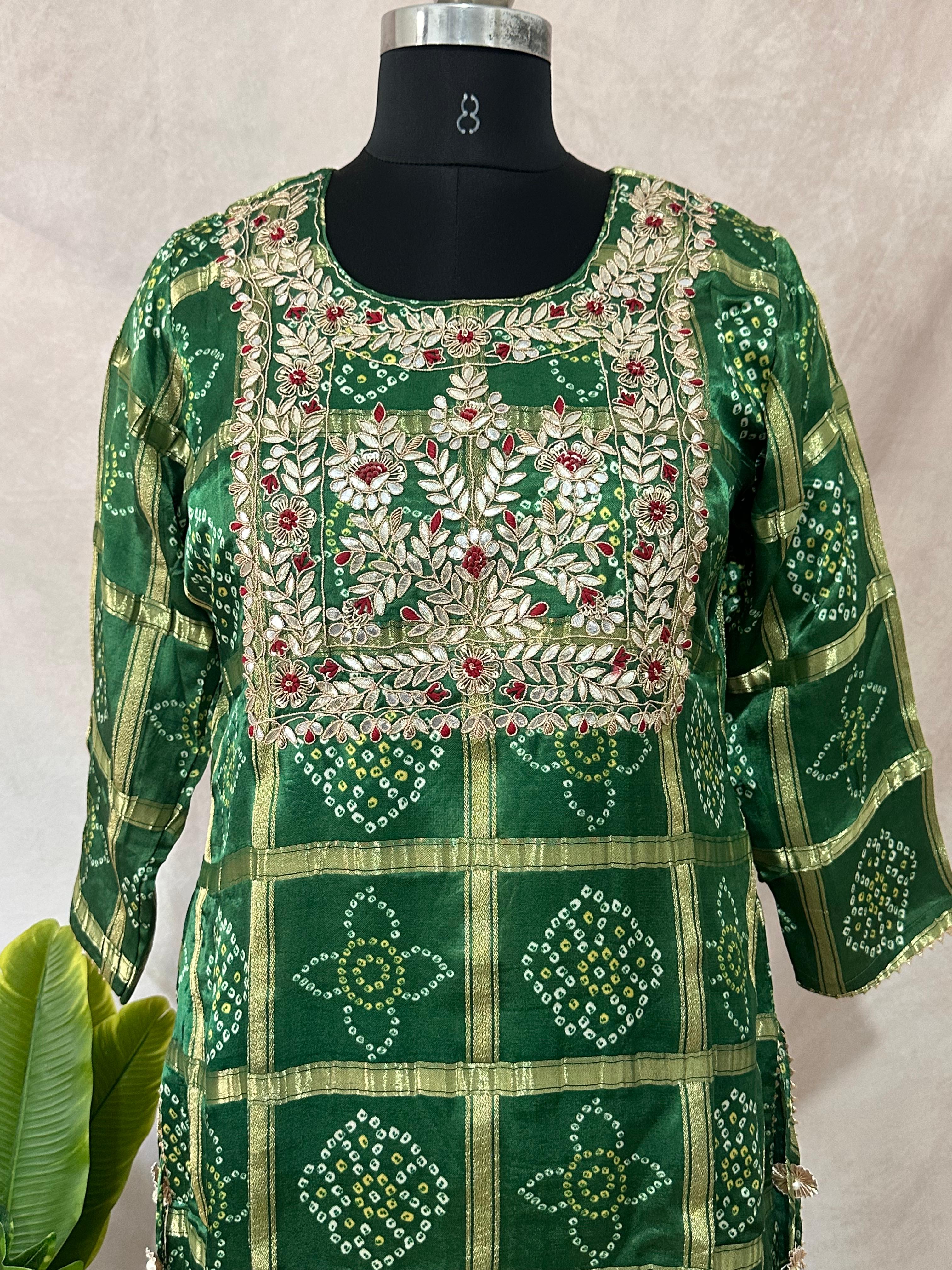 Green garchola kurti with gotta work, comes with bottom and dupatta