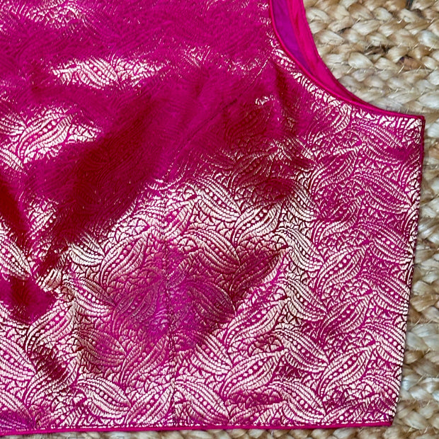 High-neck pink brocade blouse