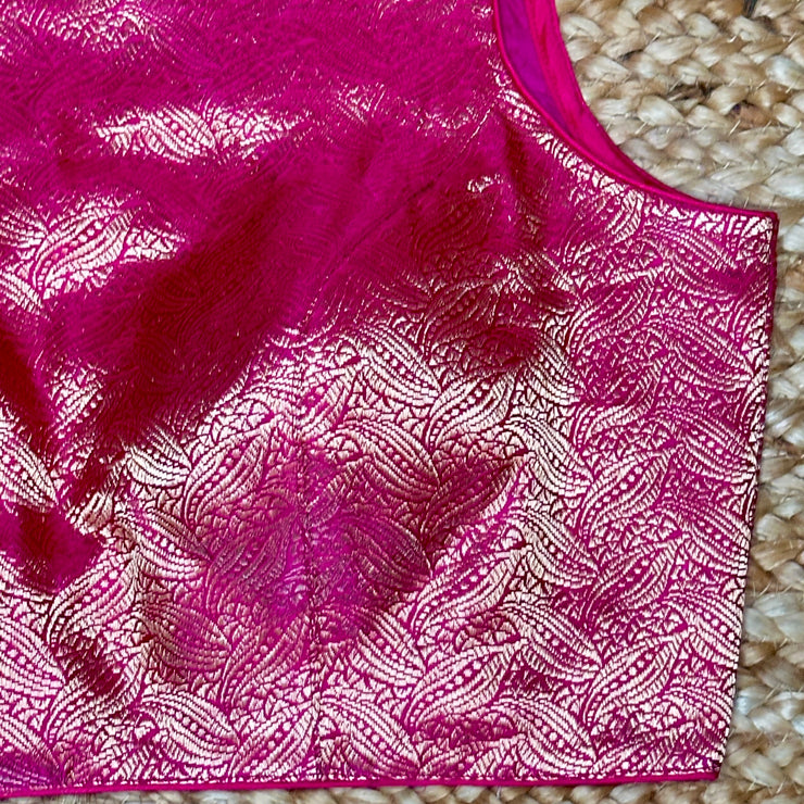 High-neck pink brocade blouse