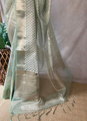 Light green Tissue Kotta silk saree with mirror and chikankari work, with stitched blouse