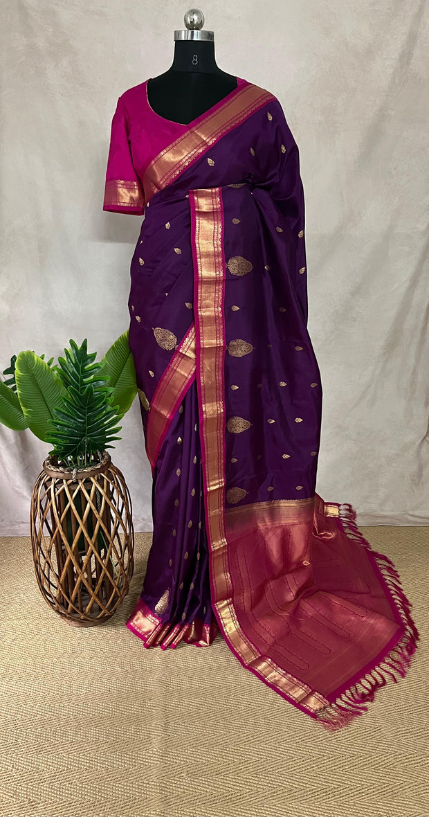 Purple and pink Kanchivaram saree with stitched blouse