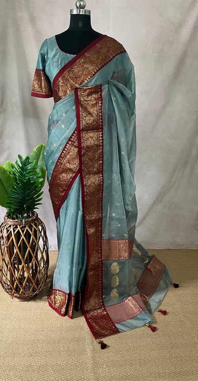 Pastel blue chanderi silk saree with stitched blouse