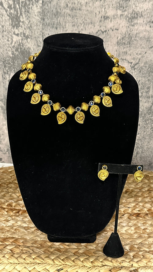 Brass mango necklace with blue stone and stud
