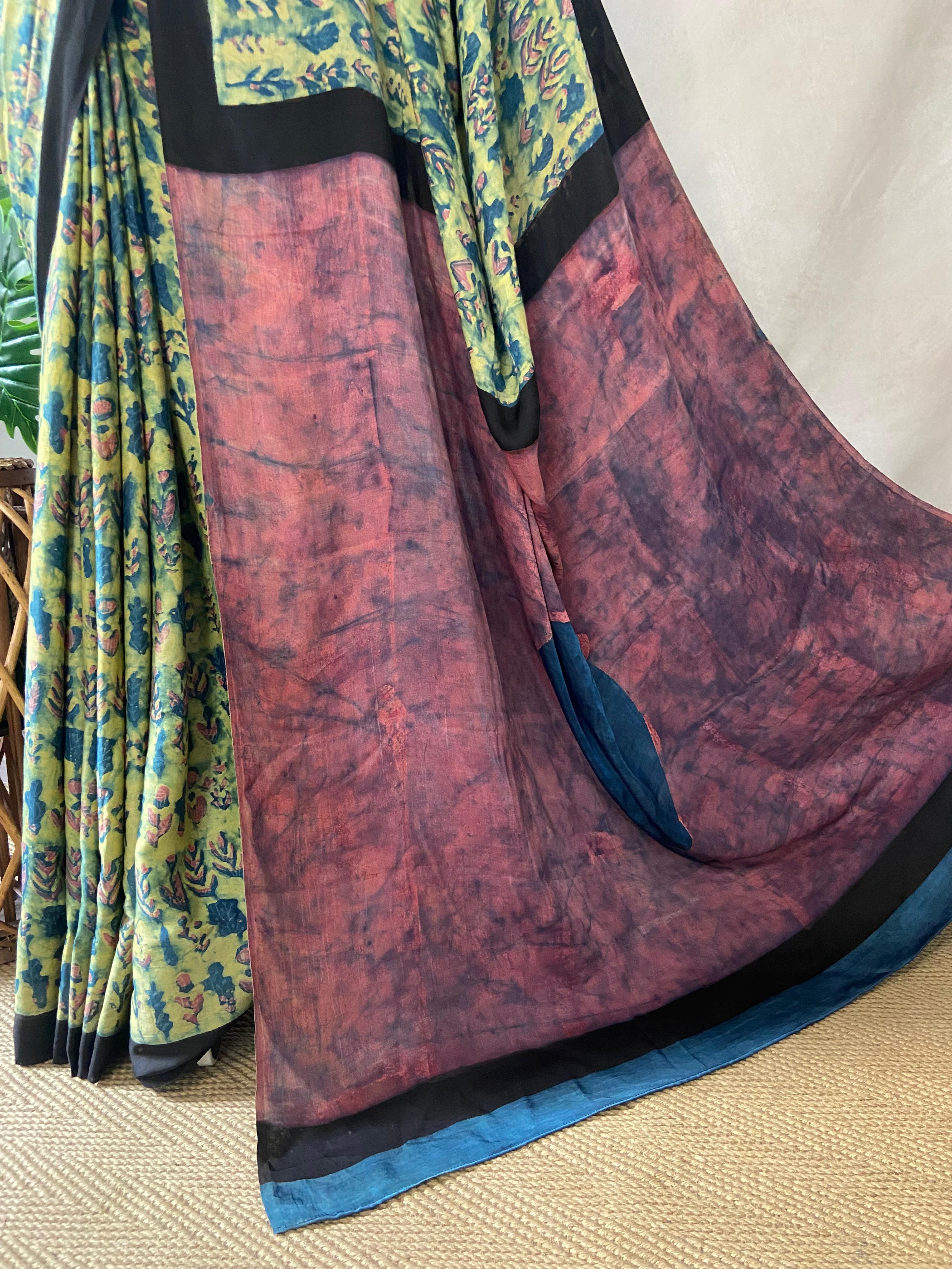 Nashpal Tussar by modal silk saree with hand block print with natural dye, with BP