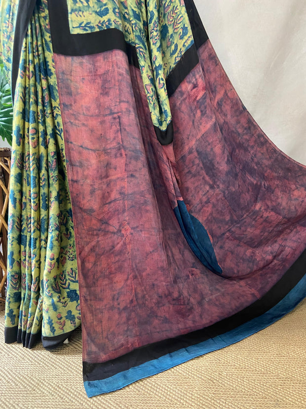 Nashpal Tussar by modal silk saree with hand block print with natural dye, with BP