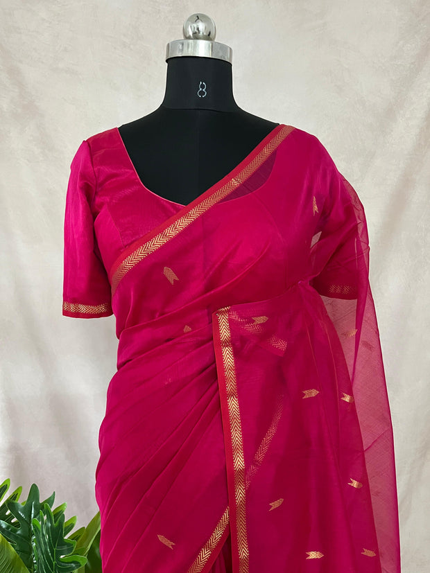 Pure Pink Maheshwari silk saree with stitched blouse