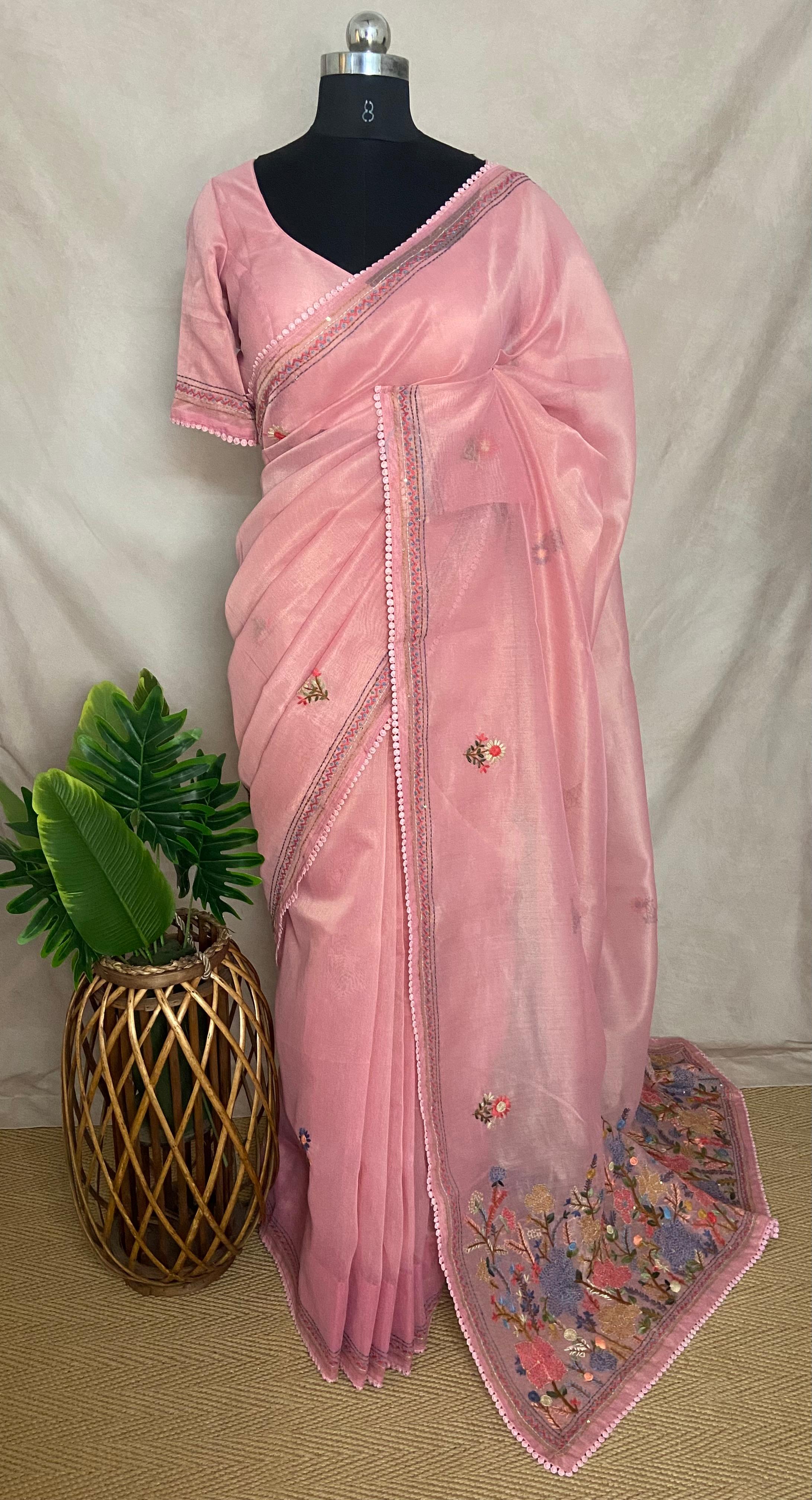 Tissue cotton saree with handwork and stitched blouse