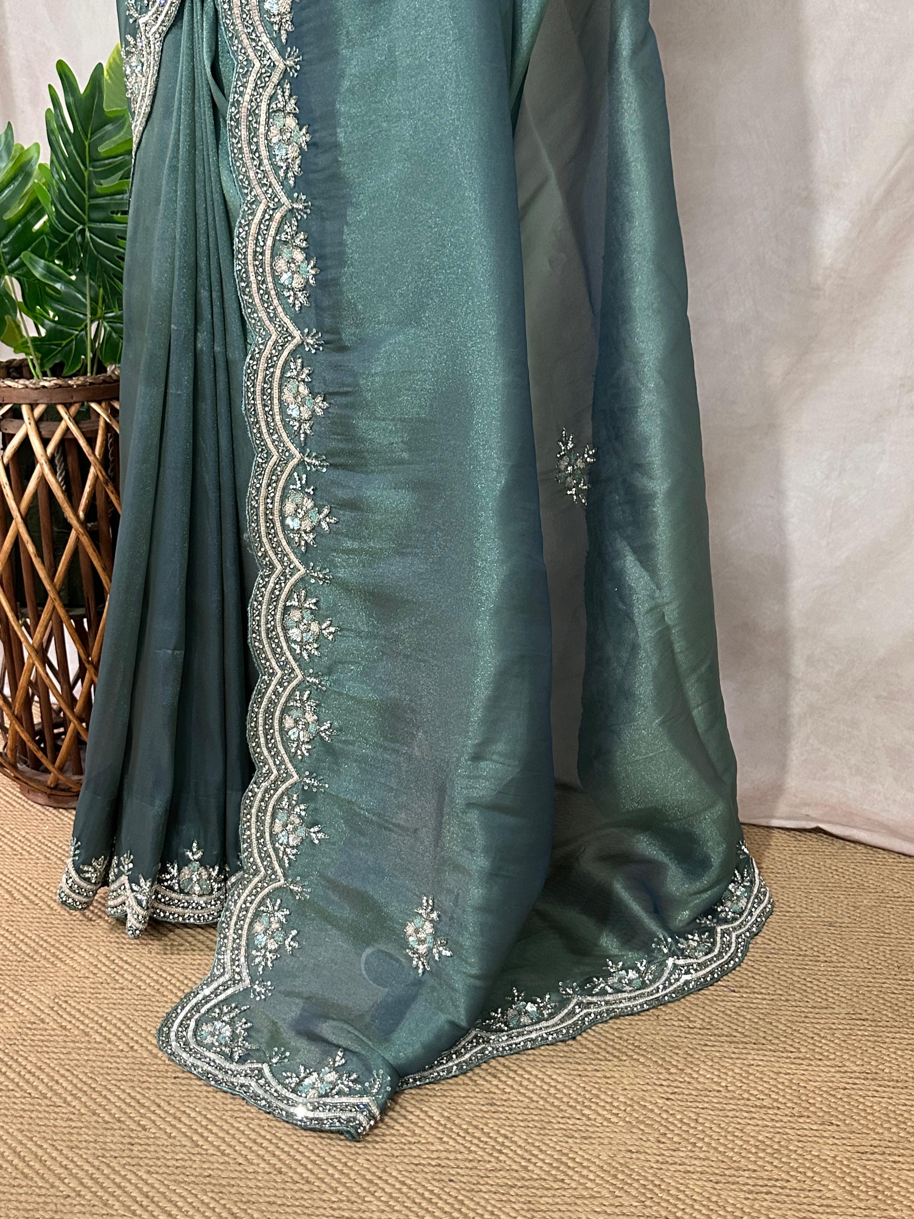 Dark Sea Green tissue designer saree with stitched blouse and under skirt