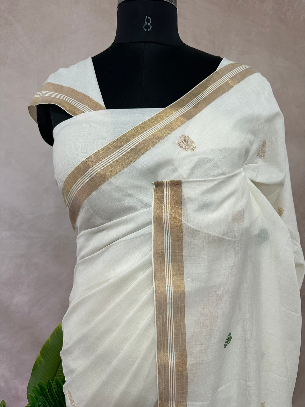 Green and gold pure cotton handloom saree with jamdanni weave