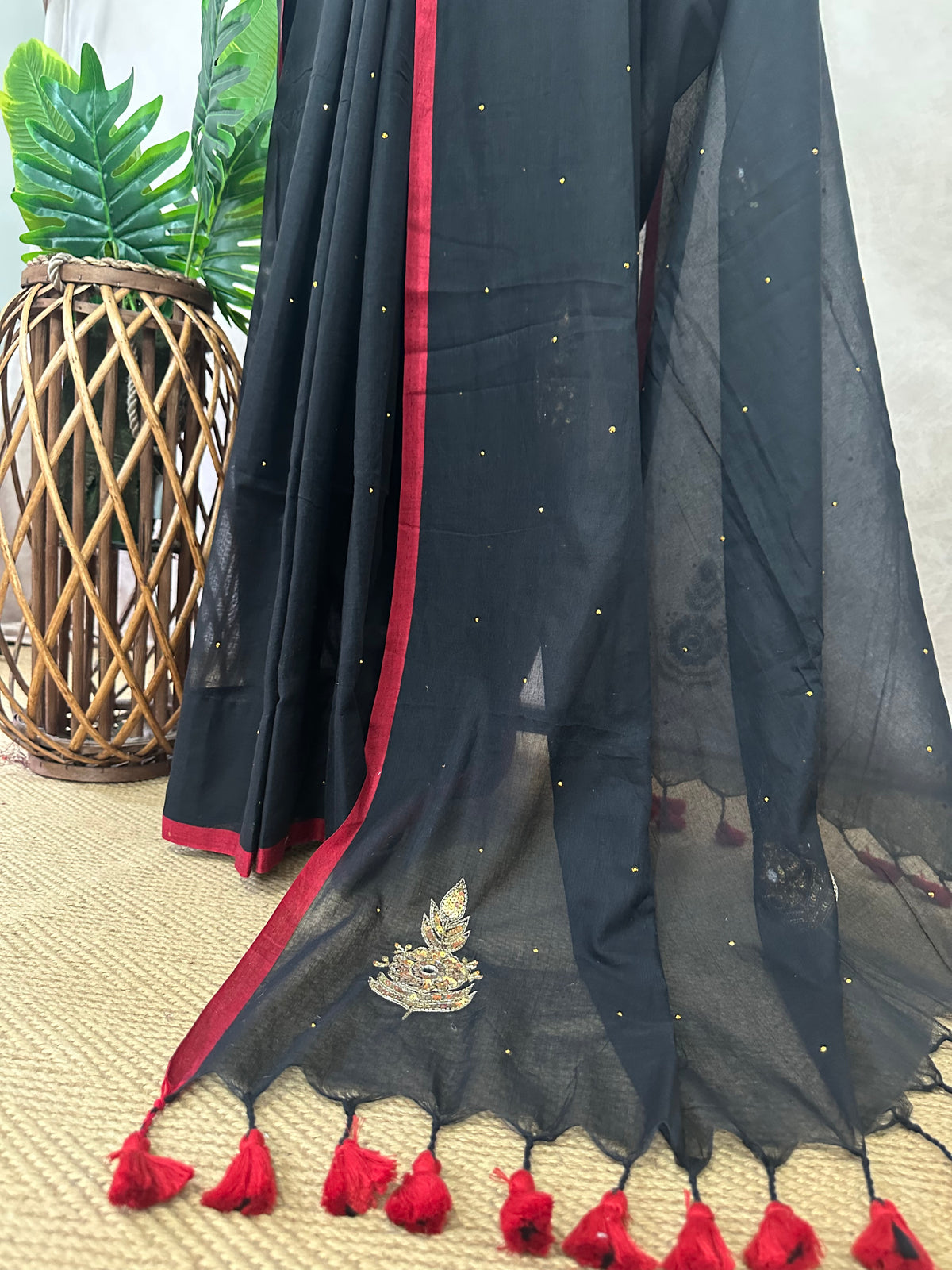 Black pure handloom mul cotton saree with zardosi hand work , no BP