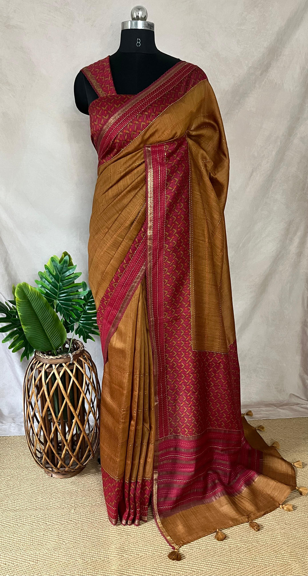 Mustard yellow and pink blended  tussar silk kantha work, and BP